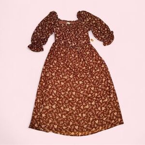 NWT Cottagecore Floral Brown Maxi Dress With Puff Sleeves
